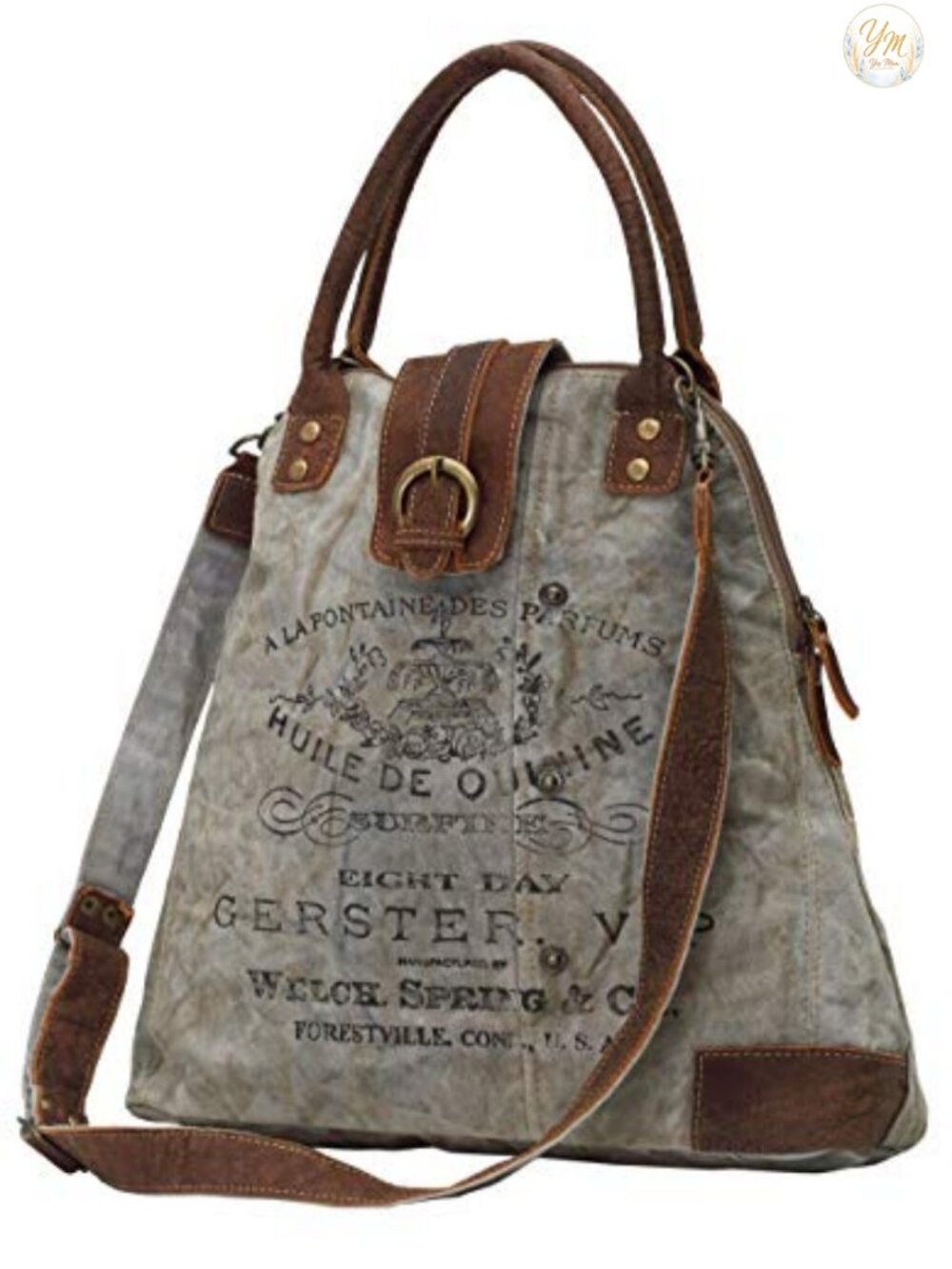 Upcycled Canvas Shoulder Bag with Genuine Leather Accents - Adjustable Strap